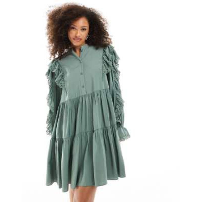 & Other Stories tiered mini smock dress with embroidered frill detail in sage green