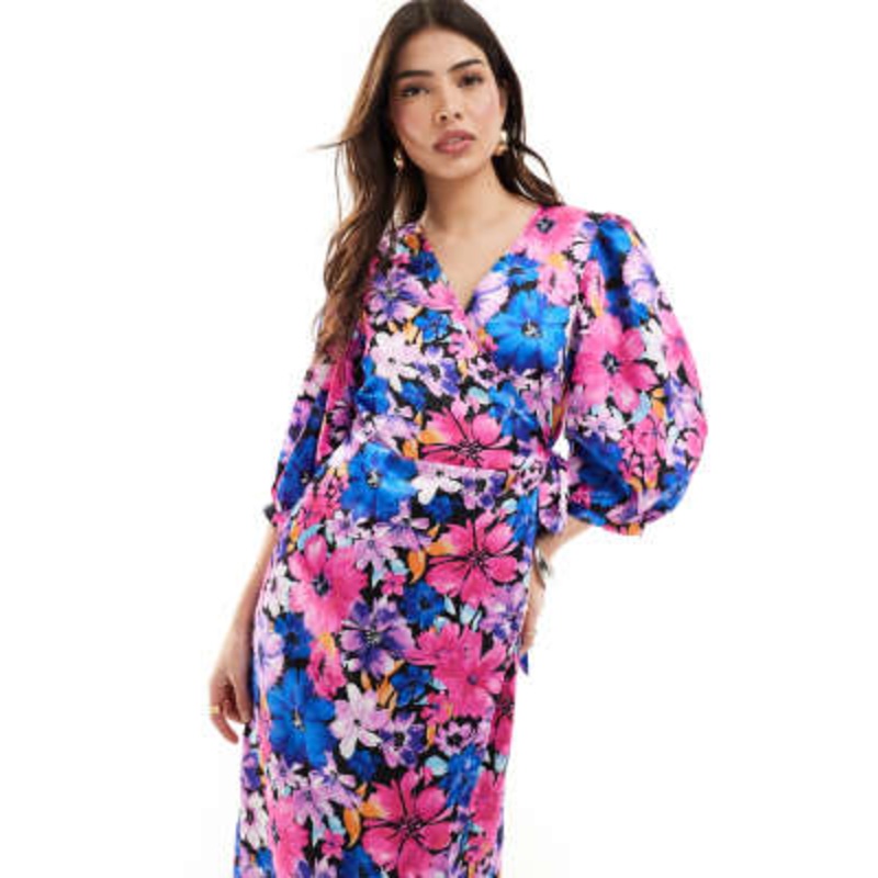 Vila satin wrap maxi dress in purple floral print