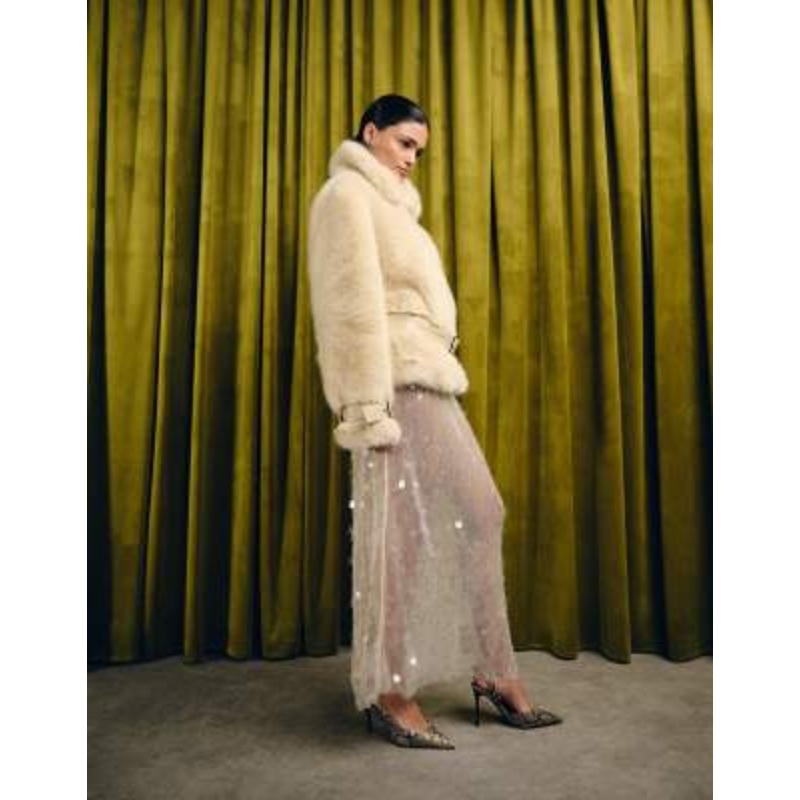 VRG GRL short sleeve sequined mesh midaxi dress in beige