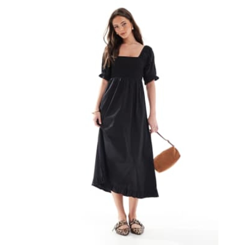 Wednesday’s Girl shirred detail midaxi smock dress in black