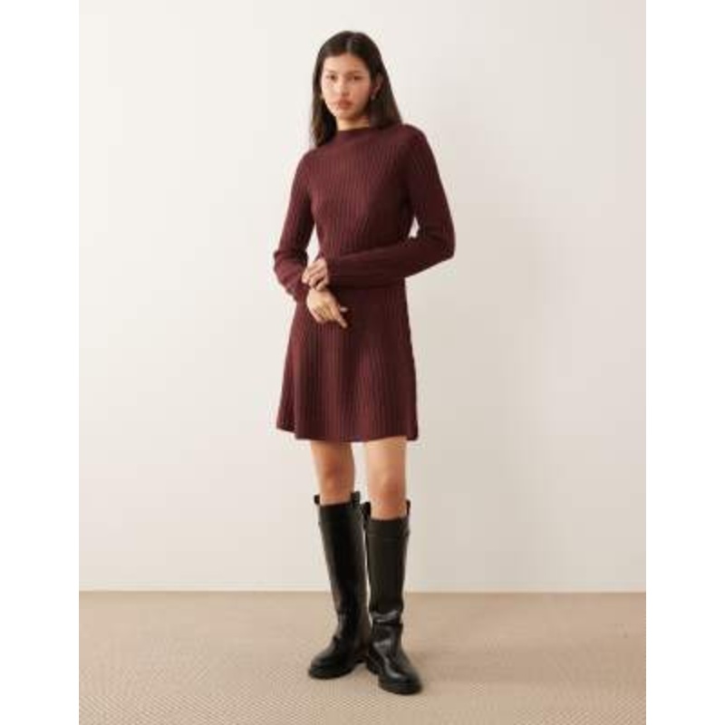 YAS engineered rib knit mini dress in burgundy