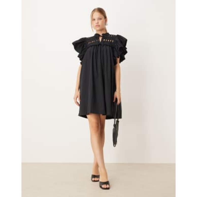 YAS exagerrated frill sleeve mini dress in black