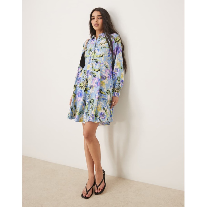 YAS flippy hem mini shirt dress in blue flower print