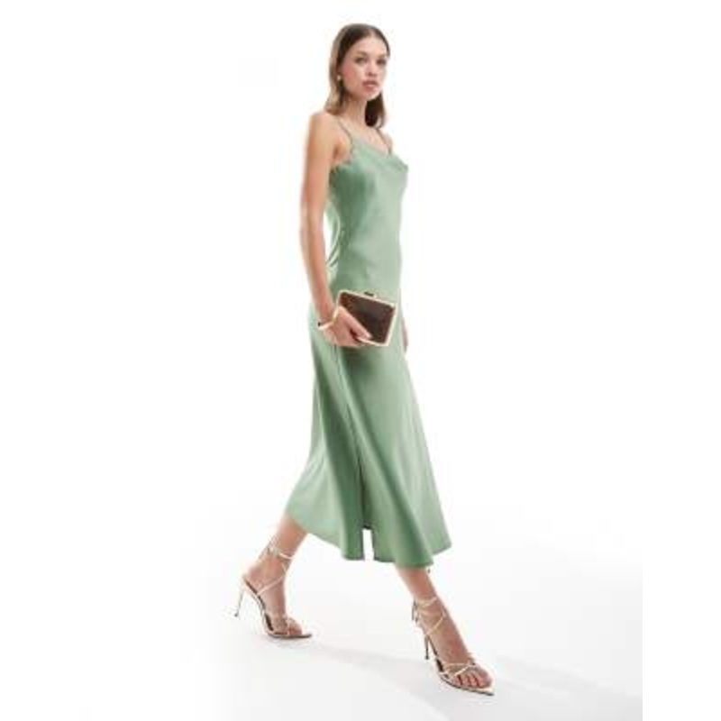 YAS satin cami maxi dress in green