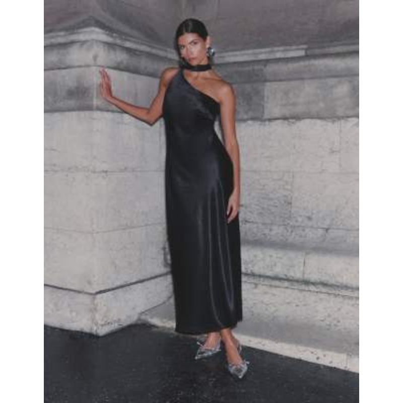 4th & Reckless satin one shoulder drape scarf detail maxi dress in black