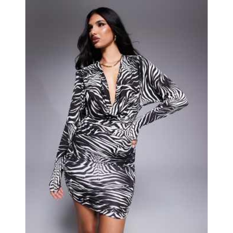 AFRM Kaia cowl neck mini dress in shiny knit in zebra swirl