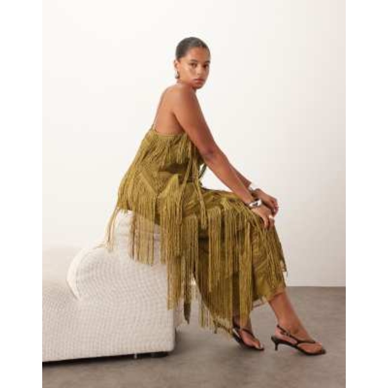 ARRANGE Curve geo fringe cami column maxi dress in moss green