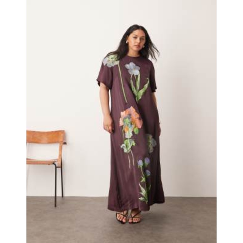 ARRANGE Curve satin floral embroidered t-shirt maxi dress in chocolate