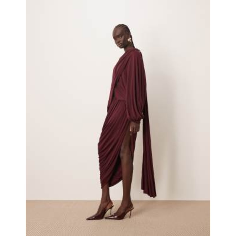 ARRANGE fallen shoulder draped midi dress with train back in burgundy