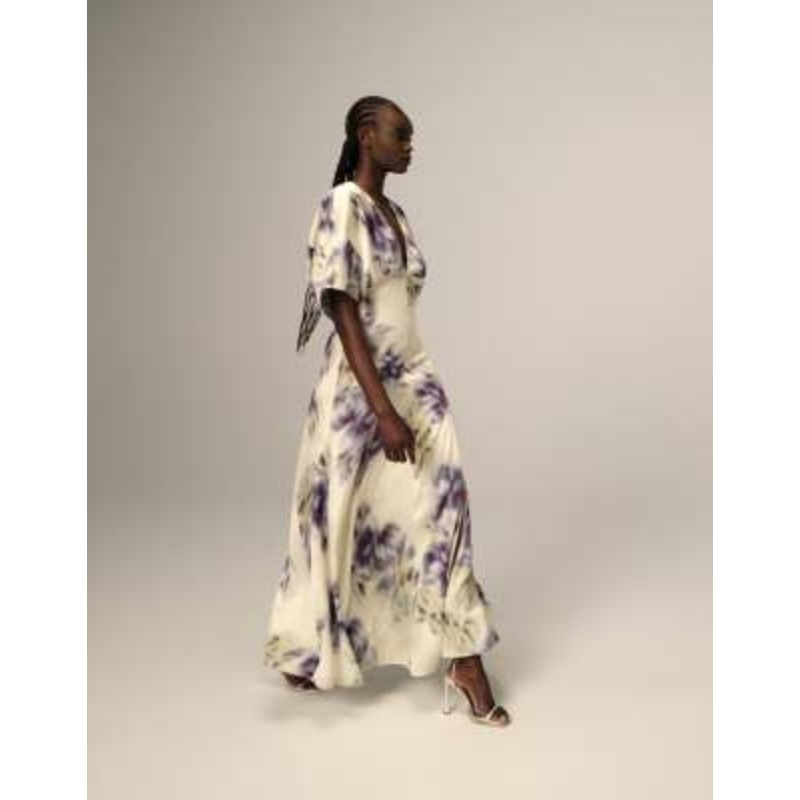 ARRANGE modern 30s maxi satin dress with shoulder pad in blurred floral