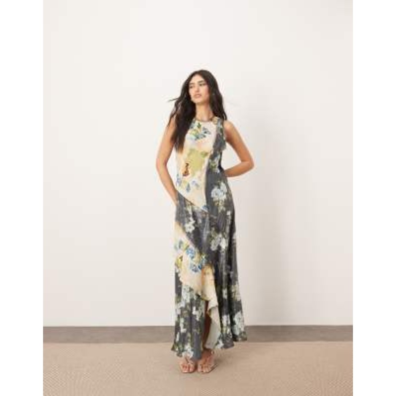 ARRANGE racer neck midi dress with color block detail in floral print