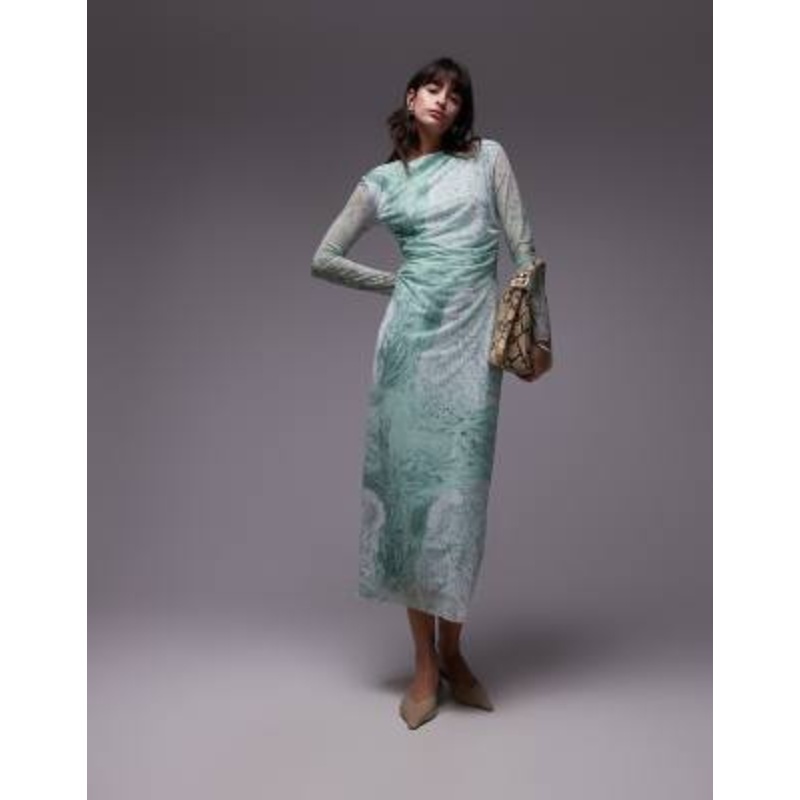 & Other Stories sheer mesh midi dress in green marble print
