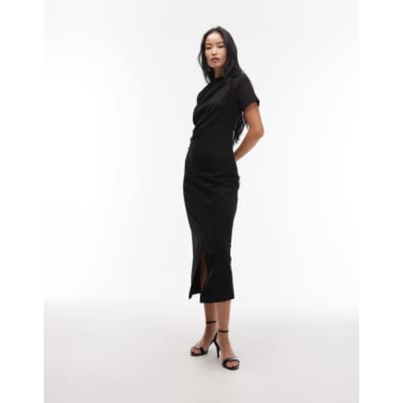 & Other Stories short sleeve drape twist midaxi dress with front slit in black