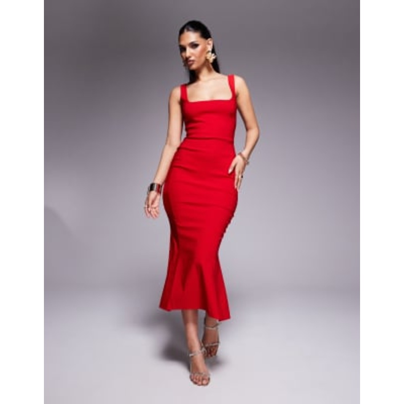 Vesper bengaline sleeveless square neck fishtail midi dress in red