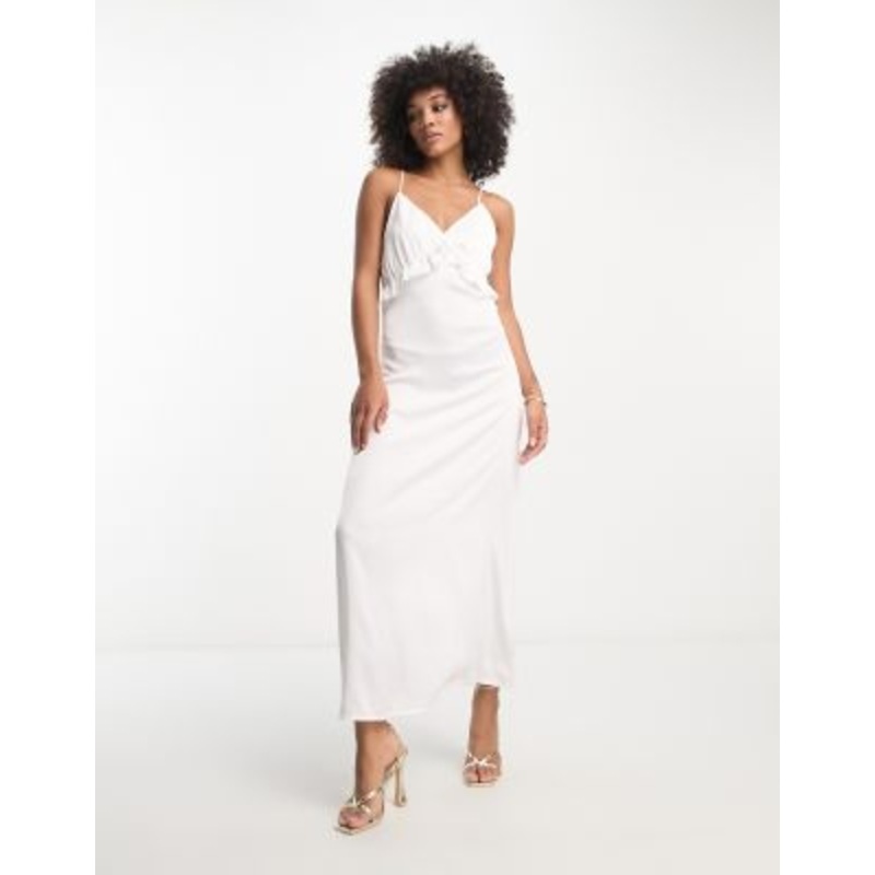 Vila Bridal satin slip maxi dress with frill detail in white