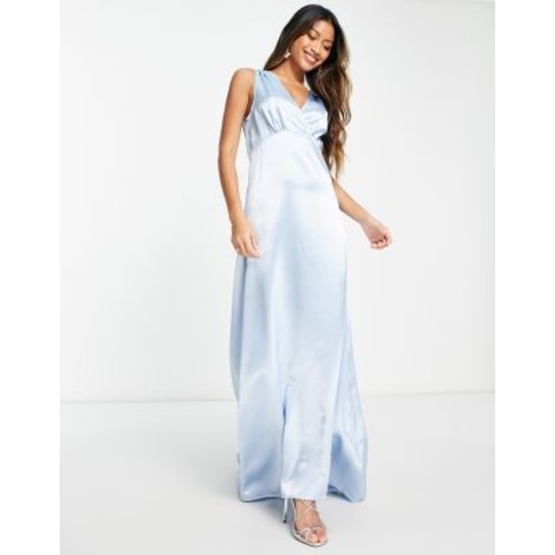 Vila Bridesmaid satin v neck maxi dress with train in pastel blue