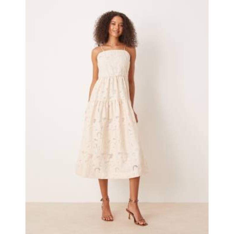 Vila cami straps jacquard midi dress in birch