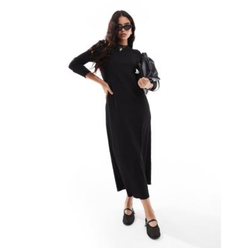 Vila textured long sleeve maxi dress in black