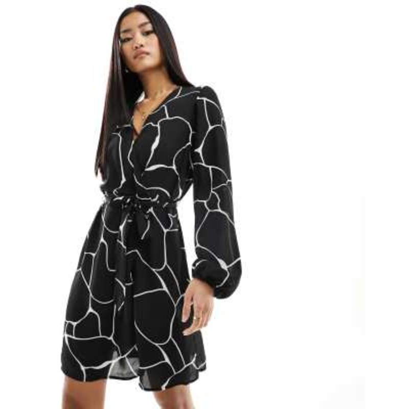 Vila wrap mini dress in mono print