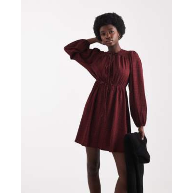 Wednesday’s Girl textured plaid tie detail mini dress in red