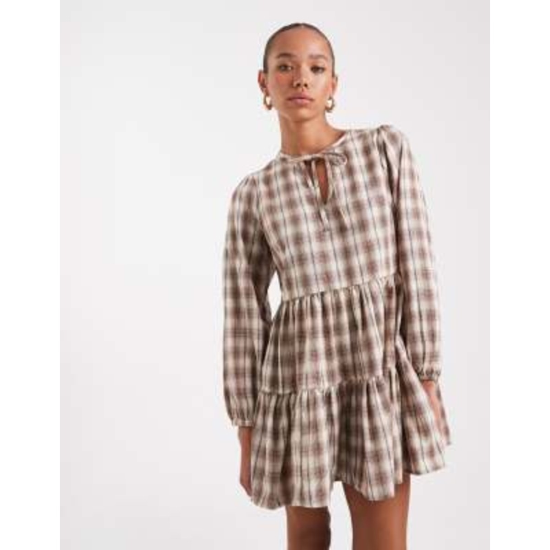 Wednesday’s Girl tie-detail plaid mini smock dress in beige