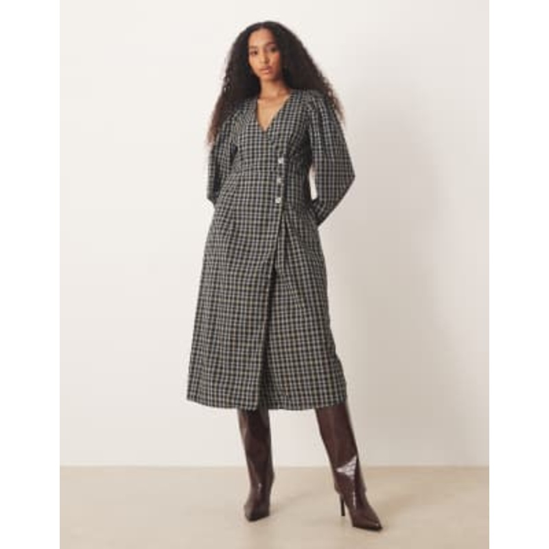 YAS asymmetric button midi dress in black check