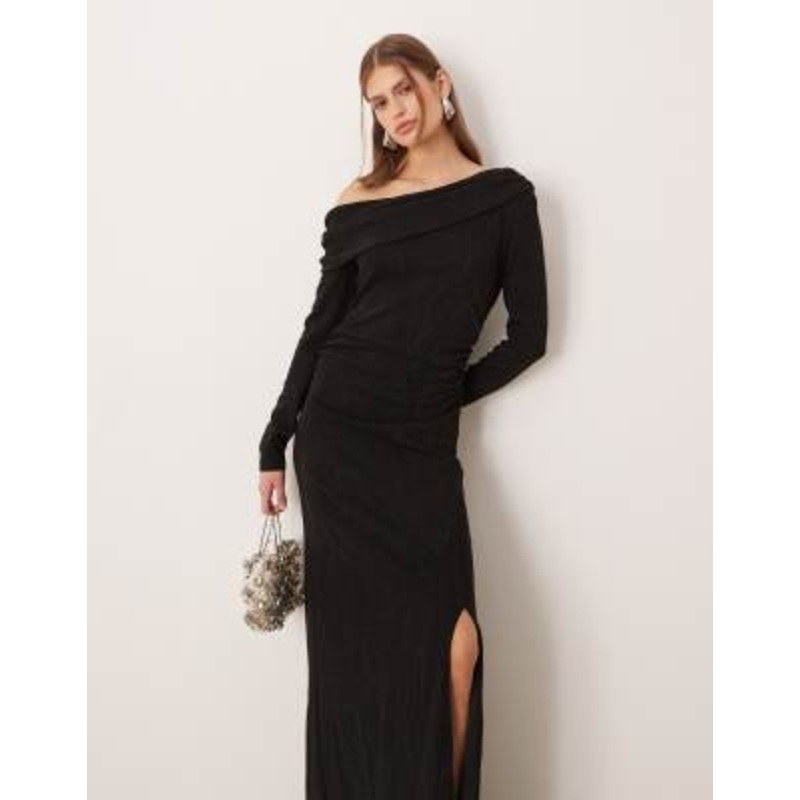 YAS off the shoulder glitter midi dress with leg slit in black