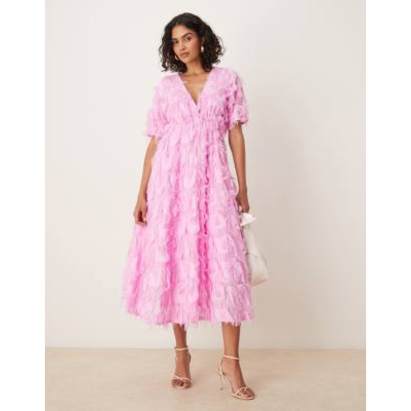 YAS textured v neck midi dress in pastel lavender