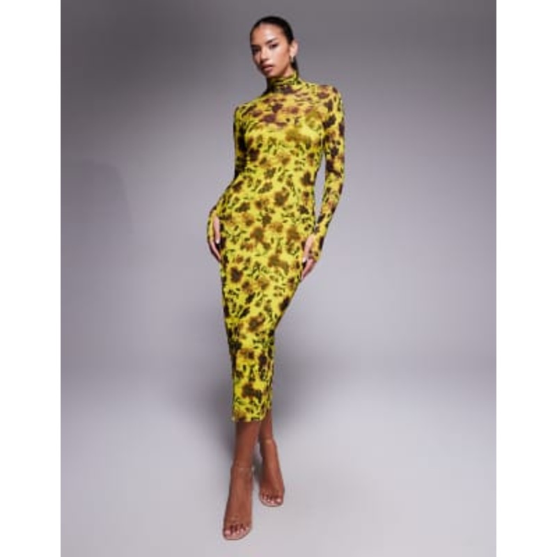 AFRM turtleneck long sleeve midi dress in green floral print