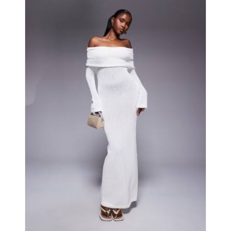 Aria Cove textured boucle knit off the shoulder foldover maxi dress in cream