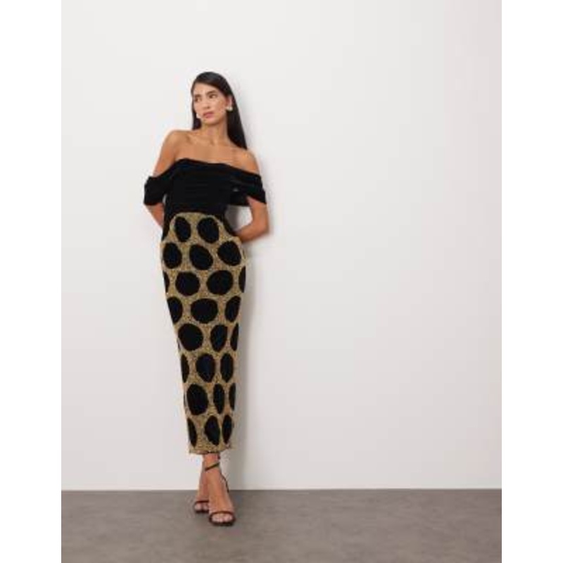 ARRANGE draped bardot embellished spot midi dress in black