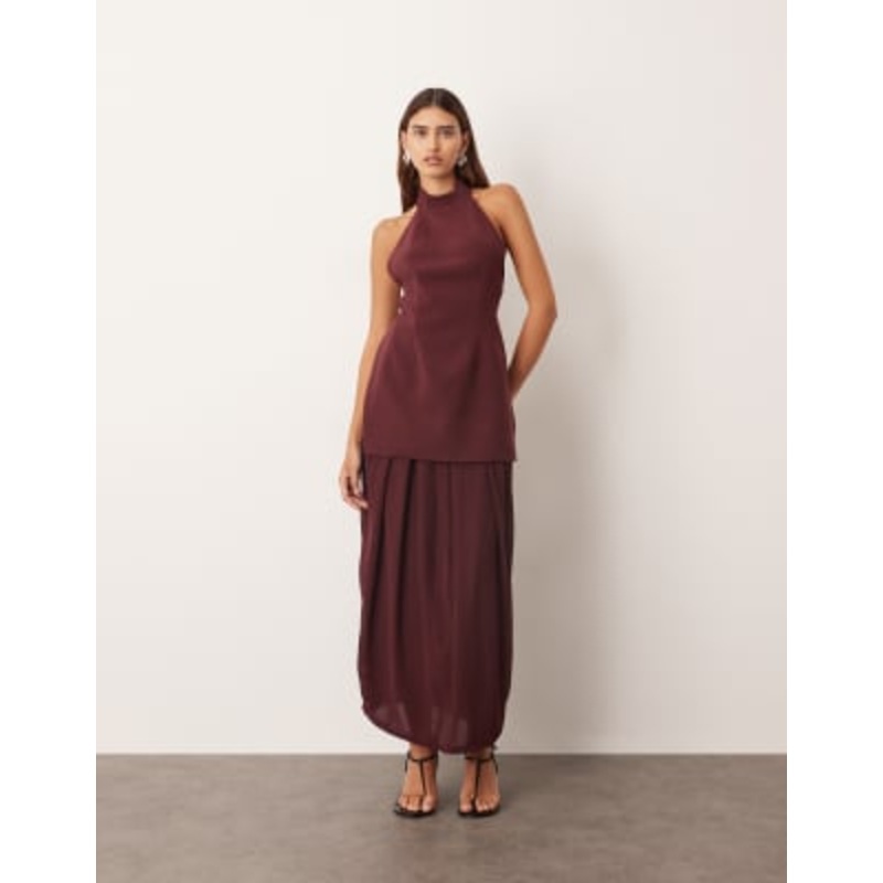 ARRANGE hybrid halter drape hem midaxi dress with open back in burgundy
