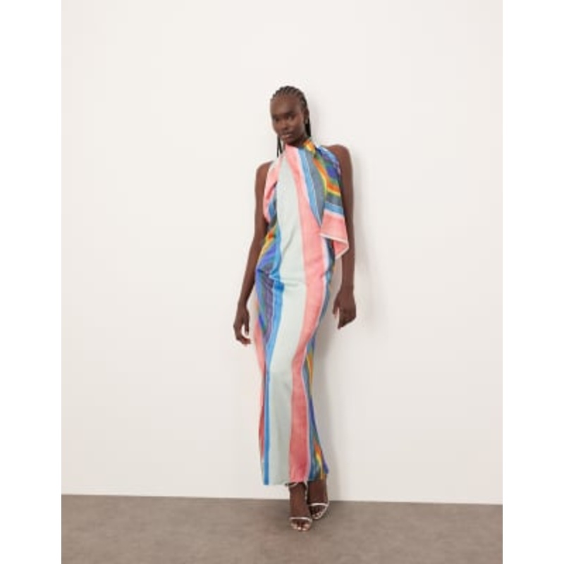 ARRANGE satin high neck drape maxi dress in painterly stripe