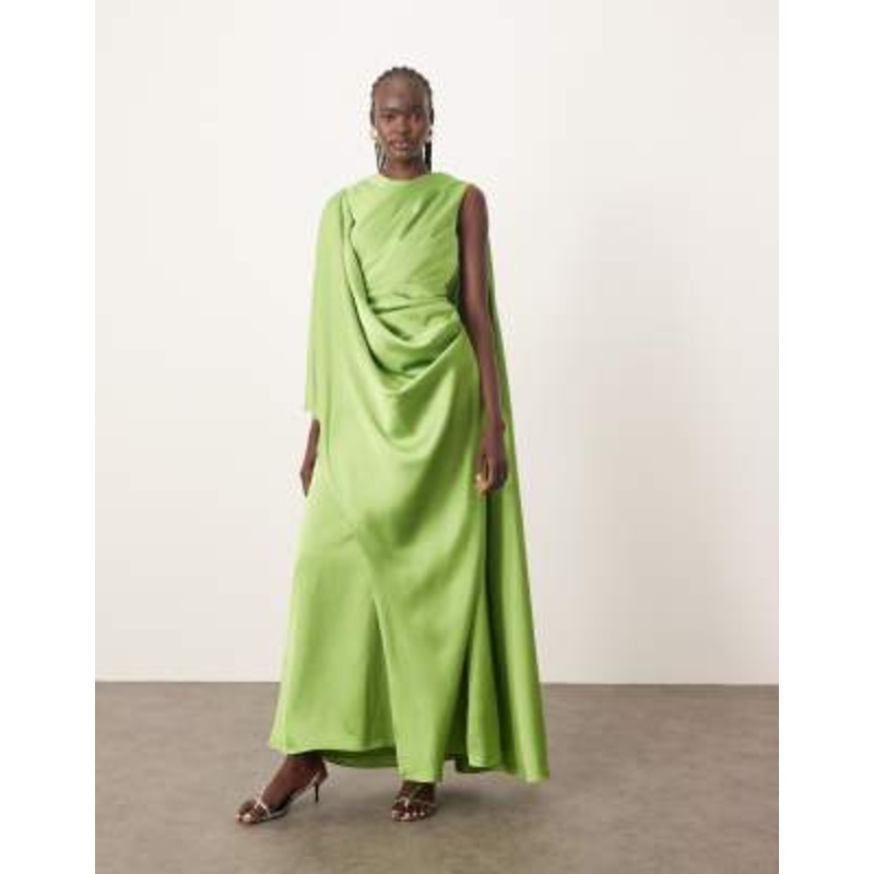 ARRANGE satin ultimate draped shoulder maxi dress with back detail in bright green