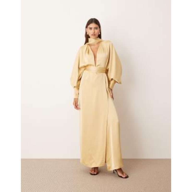 ARRANGE scarf neck blouson sleeve column maxi wrap dress in gold
