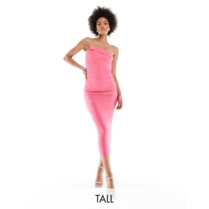 Vesper Tall bengaline bandeau asymmetric bodycon midi dress in pink