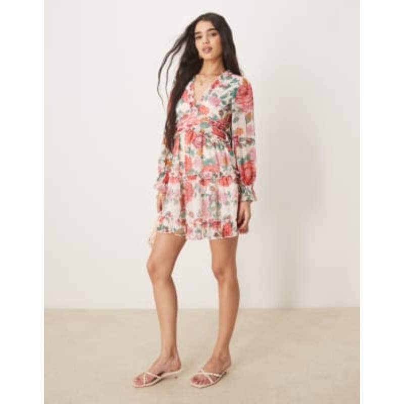 VILA chiffon frill detail mini dress in red rose print