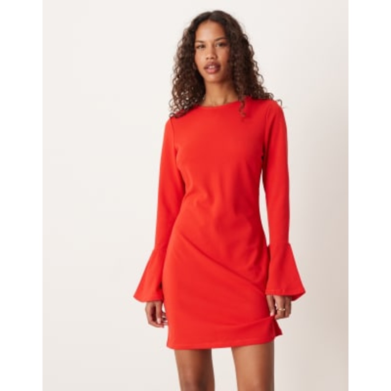 Vila satin fluted sleeve mini dress in red