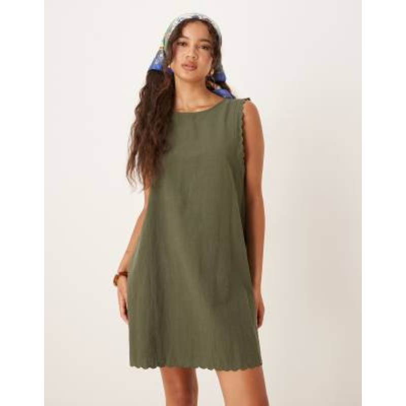 Vila scallop edge cotton mini dress in khaki green