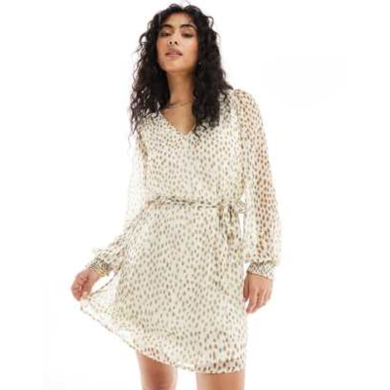 Vila tie waist v neck mini dress with sheer sleeves in cream spot