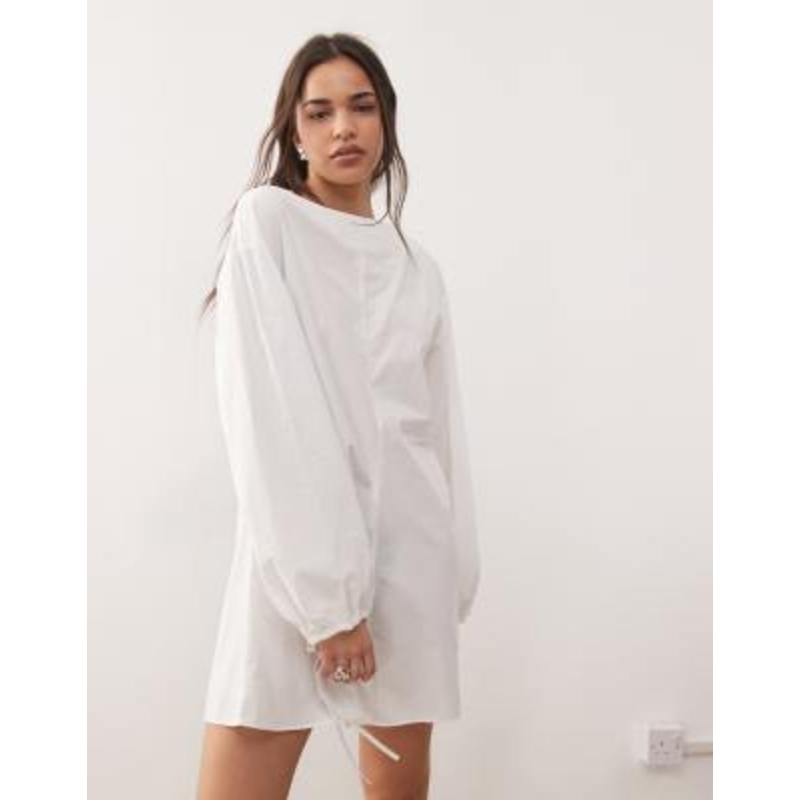 Weekday volume long sleeve mini smock dress in white