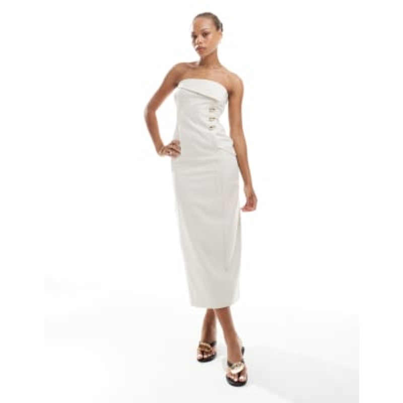 4th & Reckless linen blend bandeau foldover gold button detail maxi dress in beige