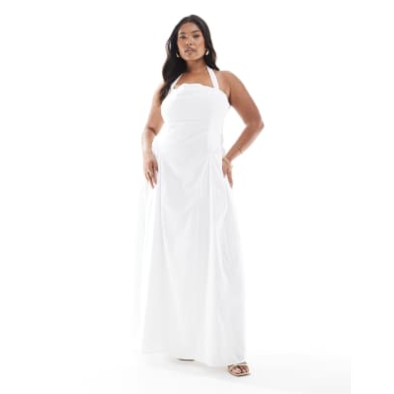 4th & Reckless Plus cotton square halterneck hip pleat detail maxi dress in white