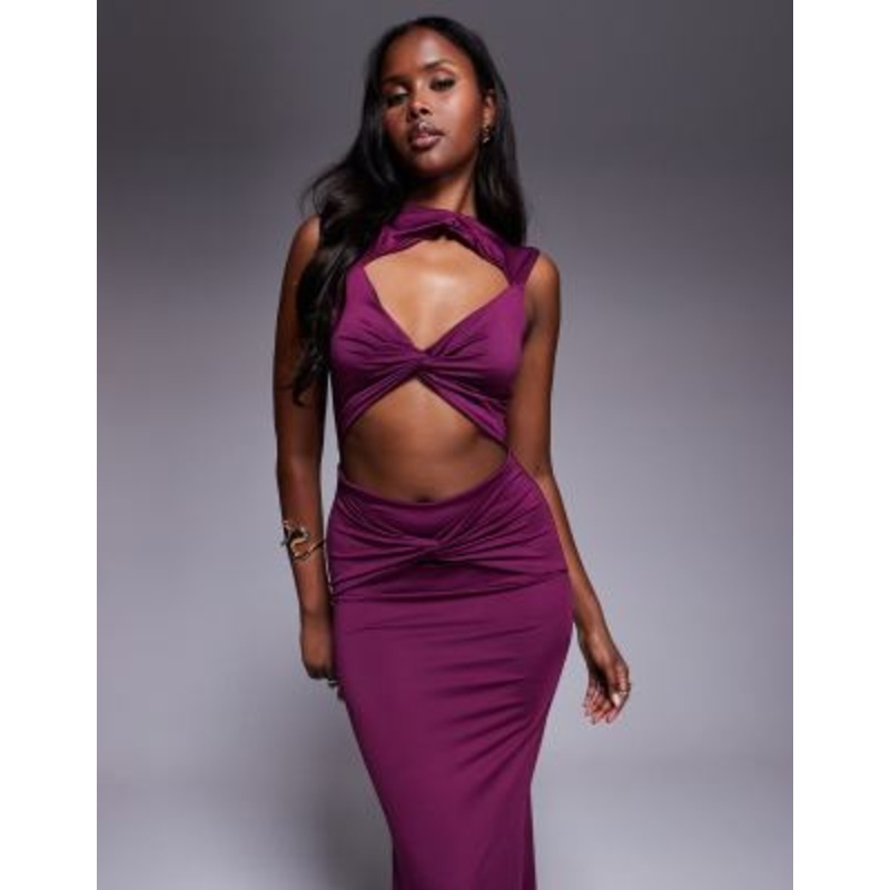 Aria Cove double layered slinky cut out high neck twist front maxi dress in plum
