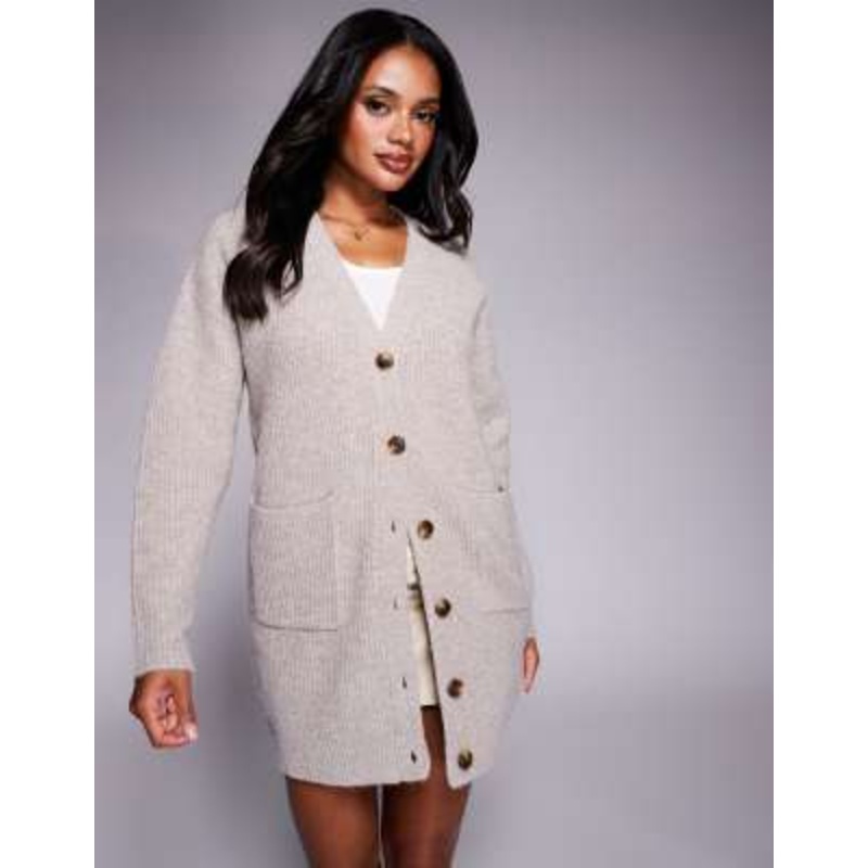 Aria Cove knit oversized pocketed front cardigan mini sweater dress in oat