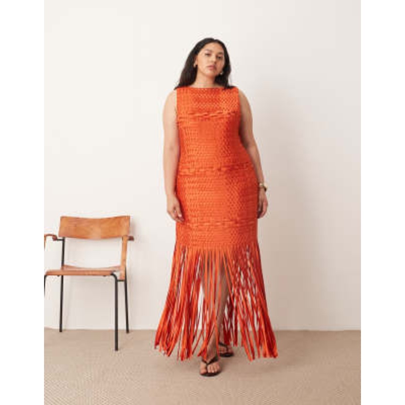 ARRANGE Curve lattice hand woven fringed hem midi dress in red