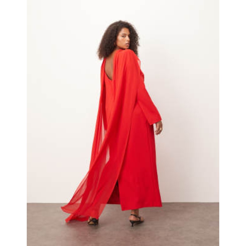 ARRANGE Curve structured crepe long sleeve maxi dress with chiffon overlay in red