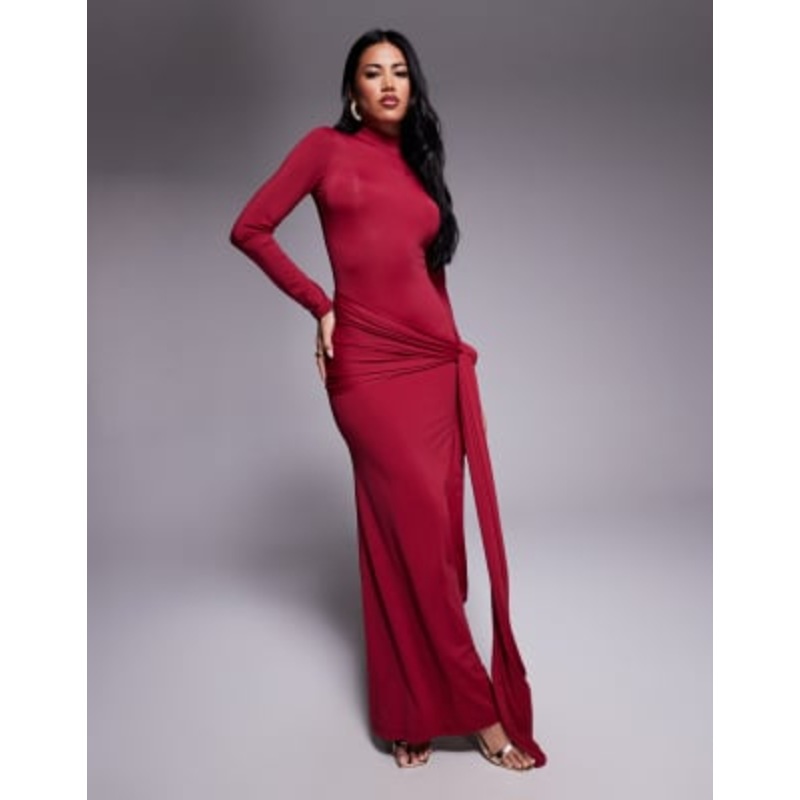 Bardot Alix tie front long sleeve maxi dress in burgundy