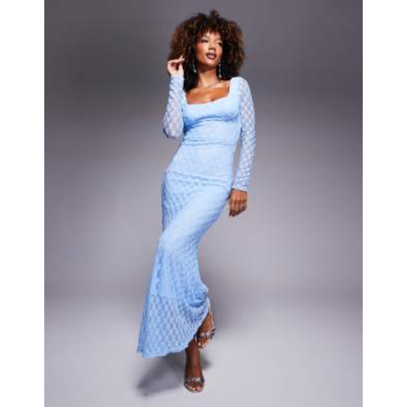 Bardot lace mesh midi dress in light blue