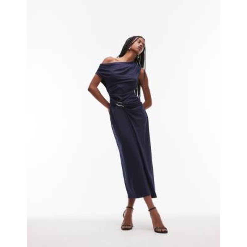 & Other Stories jersey midi dress with drape wrap clasp and asymmetric off shoulder in dark blue